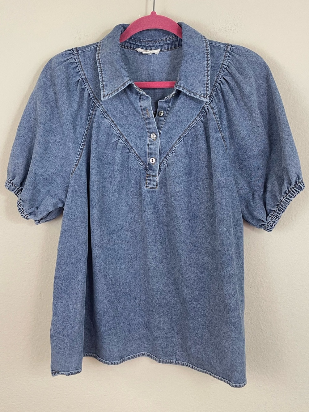 Entro Denim Puff Sleeve Popover Collared Top Size Small